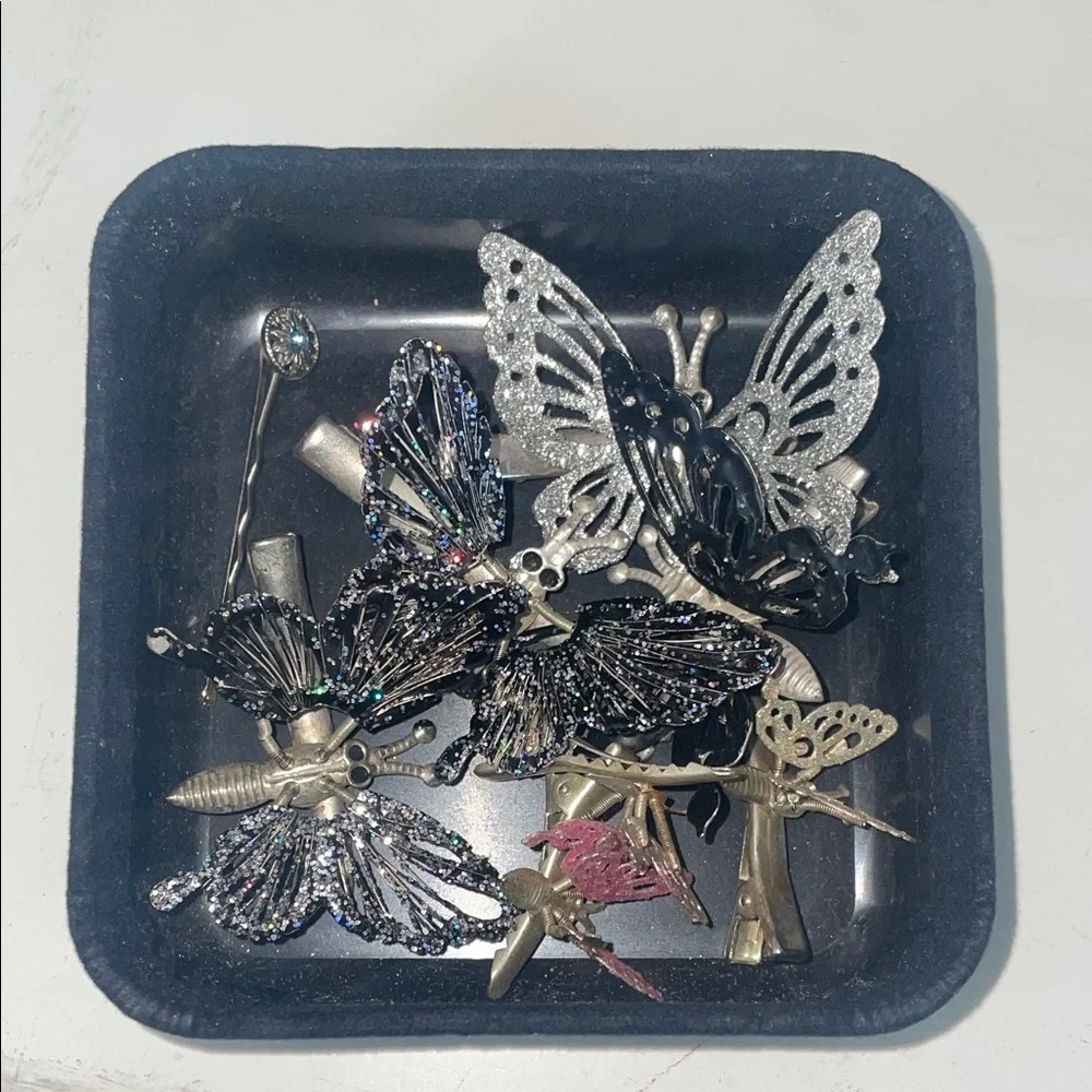 Butterfly Hair Clip Set - Metallic Silver, Black & Pink bundle vintage